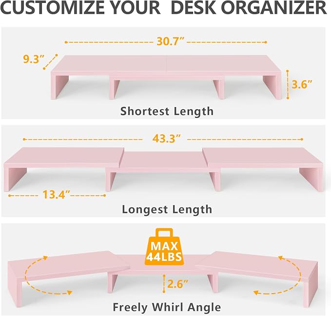 TAVR Dual Monitor Stand Riser, Wooden Computer Monitor Stand for 2 Monitors | Extra Long Multifunctional Desktop Organizer Riser for TV, PC Monitor, Laptop, Printer, Max 43.3" Length, Pink
