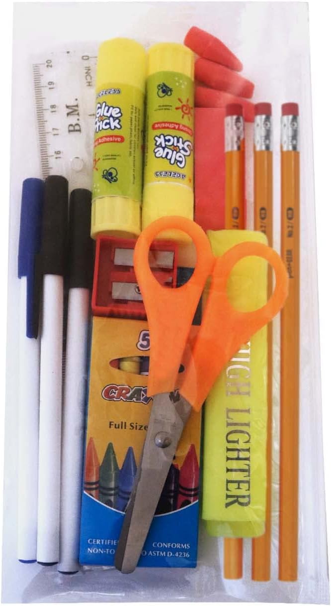 Moda West 48 Pack Bulk School Supplies 22 Piece Kit - Essential Box of School Supplies Kit with Pens, Pencils, Crayons, and More for Elementary, Middle, and High School Students