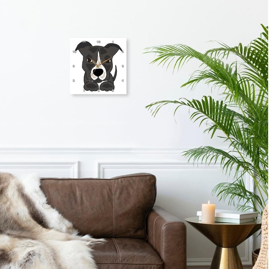 3dRose Wall Clock Silent - 10 inch - Funny Grey Pitbull Puppy Dog Cartoon - Dogs