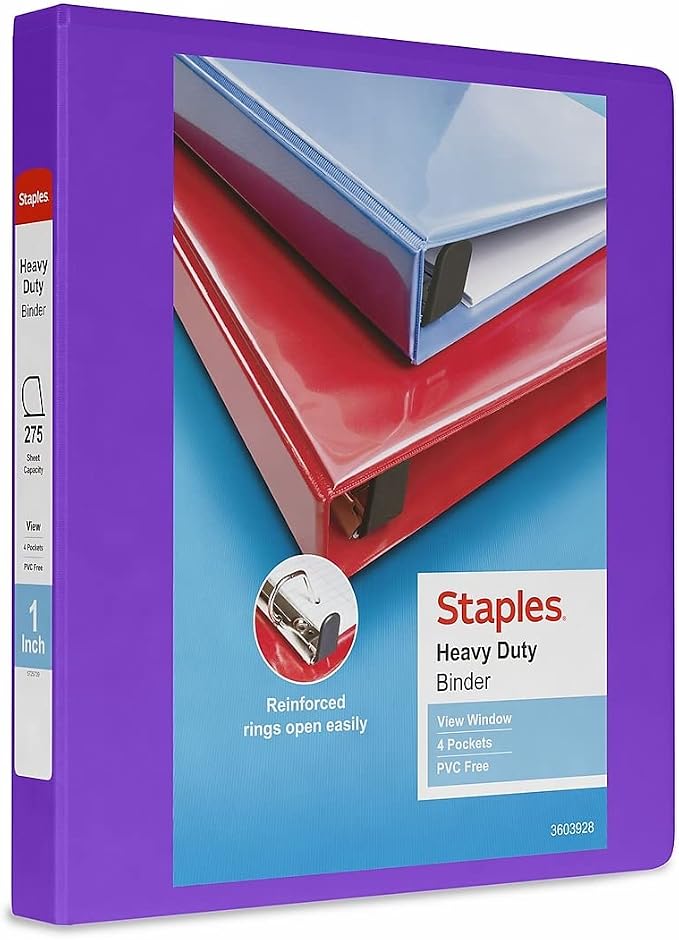 Staples Heavy-Duty 1-Inch D-Ring View Binder, Reinforced Spine, Holds Up to 275 Sheets, Purple, for Office & School