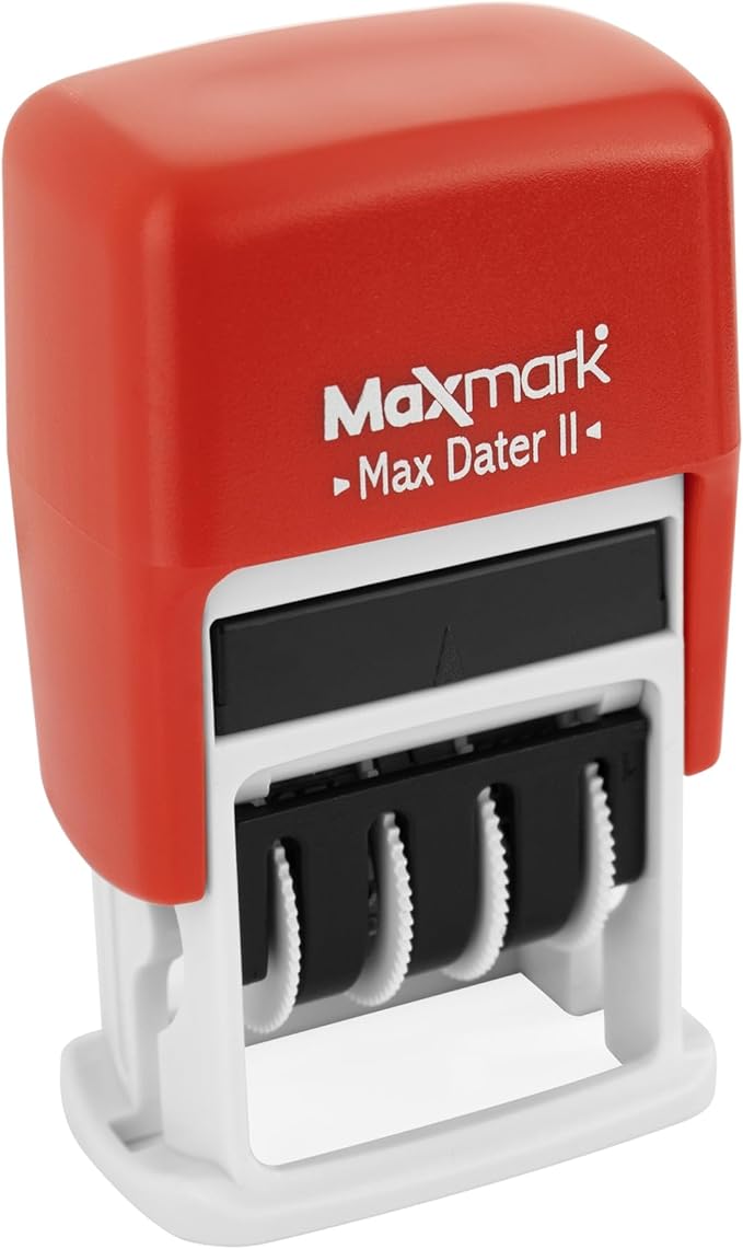 MaxMark Self-Inking Rubber Date Office Stamp with DEPOSITED Phrase & Date - RED Ink (Max Dater II), 12-Year Band