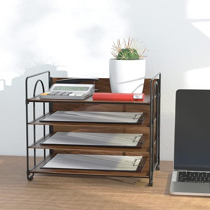 LUCYCAZ 4 Tier Paper Organizer for Desk,Wood Desk Organizer | Metal Paper Tray Organizer, File Organizer for Office Home School, Black