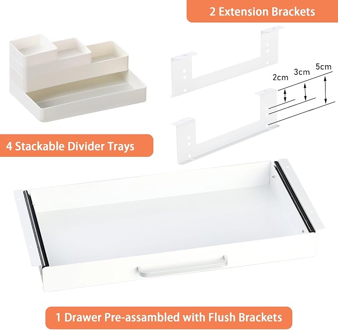 Under Desk Drawer 21" with 4 Divider Trays, Storage Drawer Organizer | White, Under Counter, Desk Accessory, Attachable for Workbench, Adjustable Brackets, for Desk Lip with Crossbar, Clamp Mount