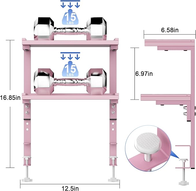 Spacrea Clamp on Desk Shelf, 2 Tier Office Desk Shelves Organizer, Wood Desktop Supplies Storage Rack, Desk Organizers and Accessories (Pink)