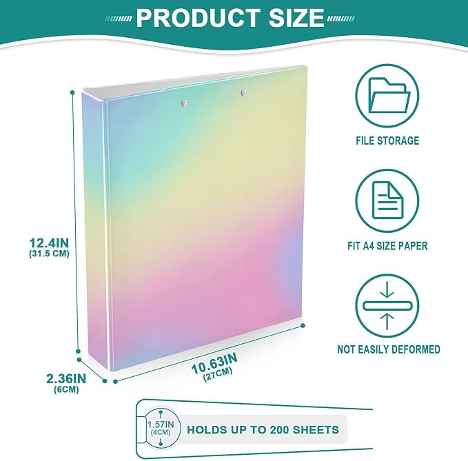 KLL 3 Ringed Notebook Binders 1.5 Inch Notebook Binders with Interior Pockets Pack of 1/2 School Binders 200 Sheets Rainbow Gradient