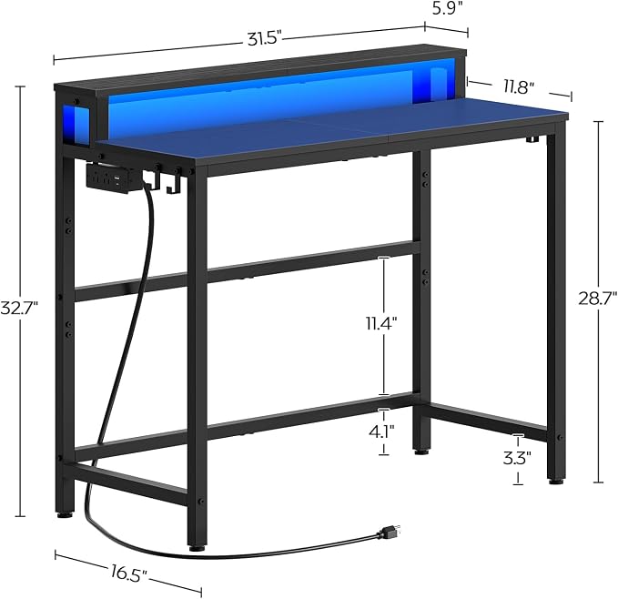 Small Computer Desk with Charging Station and LED Lights, Gaming Desk with Monitor Stand, 2-Tier Home Office Desk with 4 Side Hooks, for Living Room, Home Office, Black DN01UDBBY2