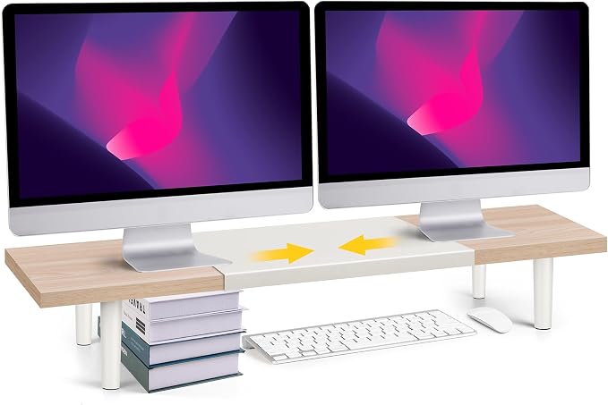 Across-Star Dual-Monitor-Stand-Riser-For-Desk Adjustable Length 32-40 Inch，Large Desktop Computer Monitor Riser For 2 Screens，Desk Shelf Organizer Riser Stand For Computer/Laptop/PC/Printer/TV Black