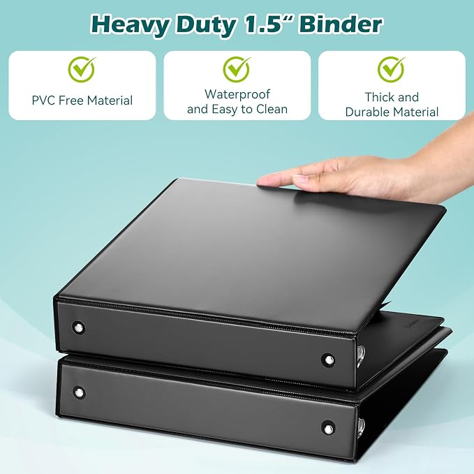 Heture 3 Ring Binder 1.5 Inch 6 Pack, 1-1/2" Clear View with Round Rings, PVC-Free,Holds for 325 Sheets 8.5X 11 US Letter Size Paper, Durable Black Perfect for Office,School and Home