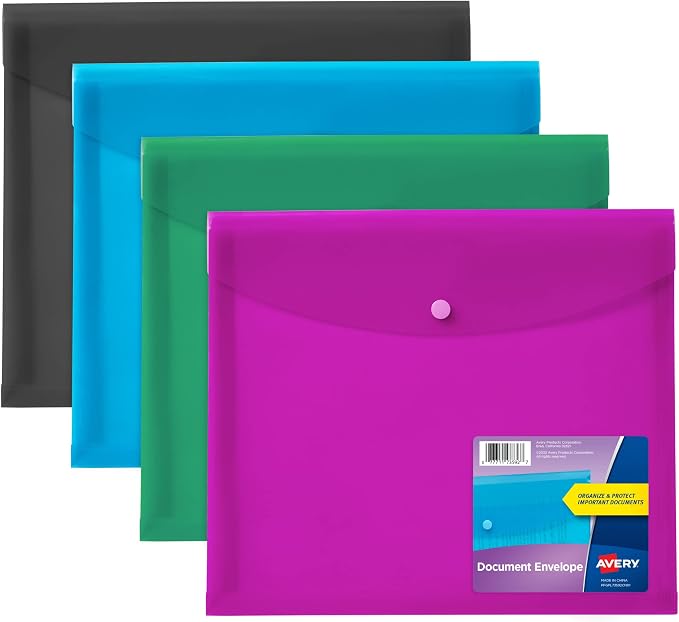 Avery Document Holder Envelope, Holds 450 Letter/A4-Size Sheets, 4-Color 4-Pack (73556)