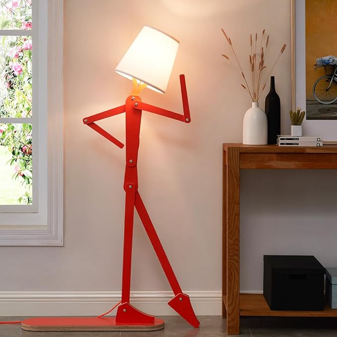 Cool Tall Wood Floor Lamp Corner Reading LED Bulb Included, Orange | Unique Design, Bedroom, Living Room, Office, Kids Bedside, Dorm, Decorative Standing Light, Creative Swing Arm
