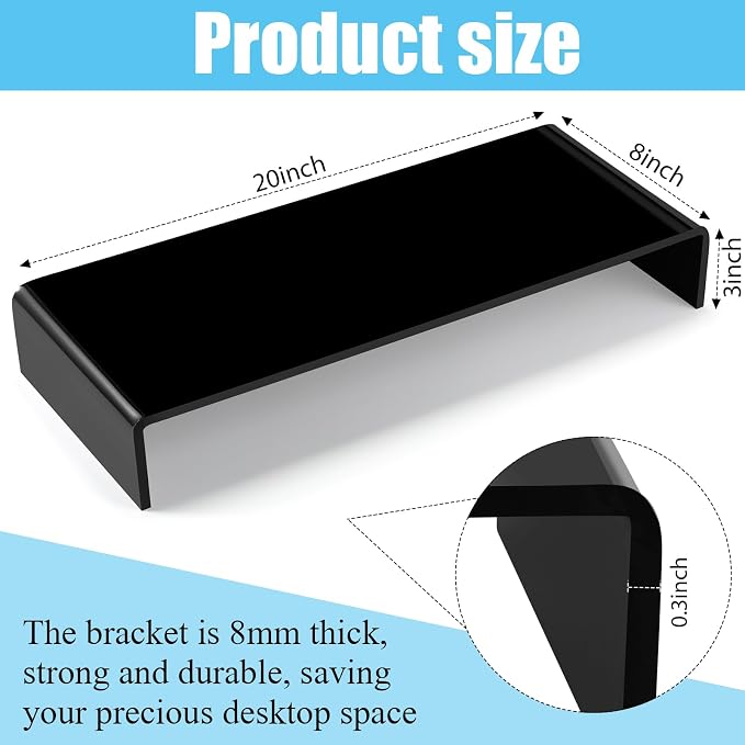 Jetec 2 Pcs Acrylic Monitor Stand Desktop Video Acrylic Monitor Riser Desk Shelf Computer Stand for Laptop TV Computer Screen Desk Organizer Teacher's Day Supplies (Black, 20 x 8 x 3 Inch)