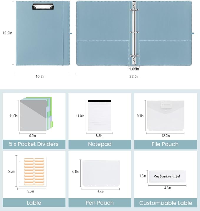 3 Ring Binder with Clipboard,1 Inch Binders with Notepad&5 Dividers with Pockets, Labels,PU Clipboards for School Office(Blue,Letter Size)
