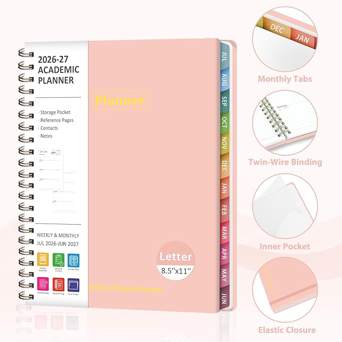 Planner 2026-2027, Academic Weekly and Monthly Calendar Planner, July 2026 - June 2027, Hardcover Spiral Agenda Book, School Supplies for Teacher Student - Letter Size(8.5" x 11")