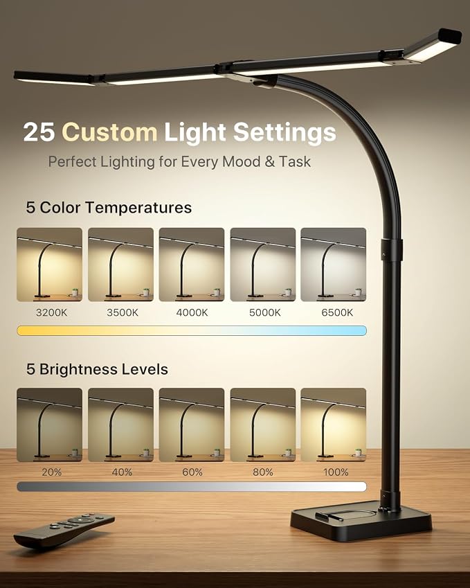 ONEMIX LED Desk Lamp with Base, 42-Inch 4-Panel Light for Dual Monitors | 1800 Lumens, 4 Adjustable Panels, 5 Color Temps, 5 Brightness Levels, Remote, Timer, Flicker-Free for Home Office