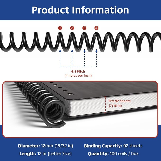 12mm (15/32 in.) Spiral Binding Coils for Reports, Presentations and Proposals | 4:1 Pitch | 12 in. Length | Black | 92 Sheets Binding Capacity | 100 Pack