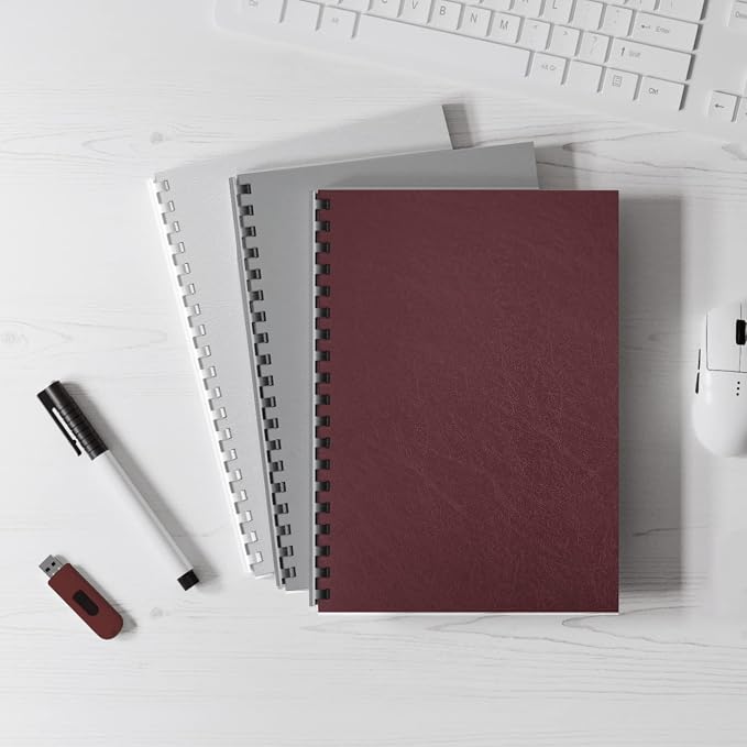 Binditek 16 Mil Leather-Textured Polycovers, 8.5x11 Inches, Maroon, 50 Pack | Leather-Textured Binding Covers, 8.5x11 Inches Letter Size, Plastic Binding Presentation Covers, Square Corners, Unpunched