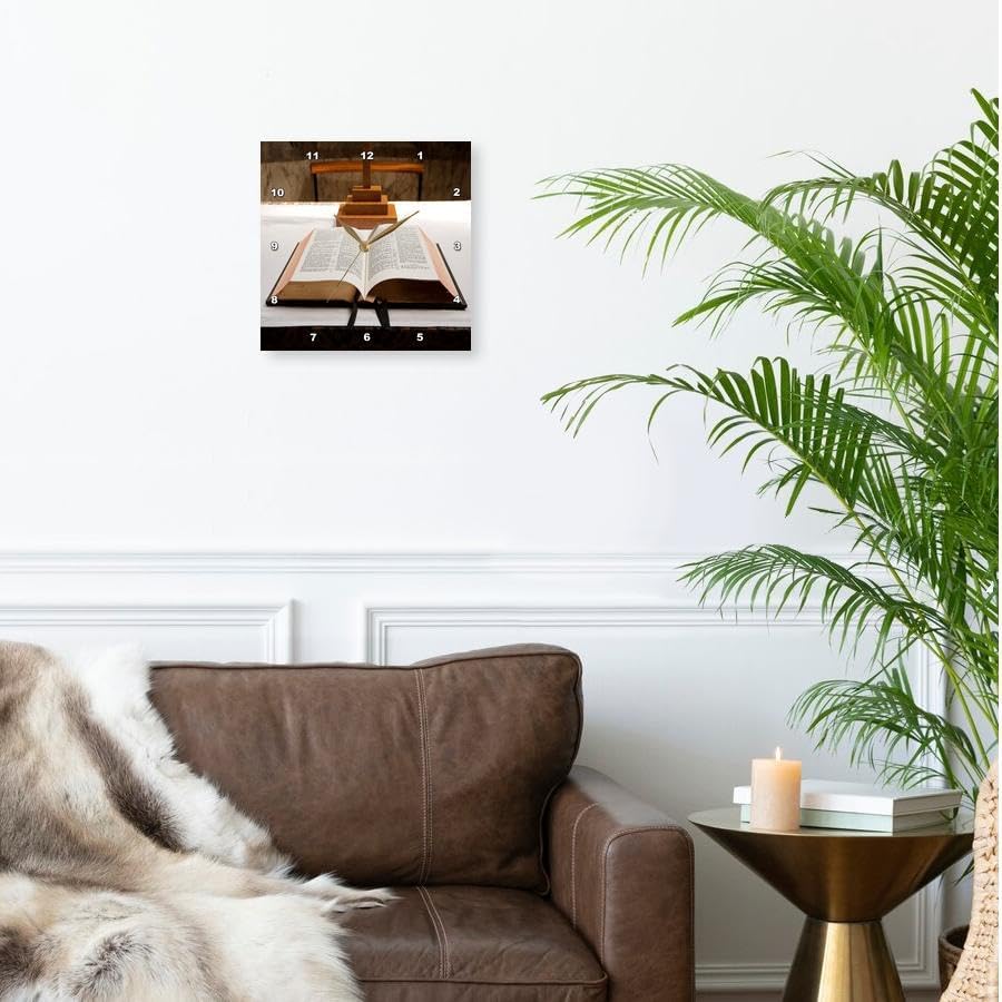 Wall Clock Silent - 15 inch - Print of Open Bible On Pulpit in Church - Religions