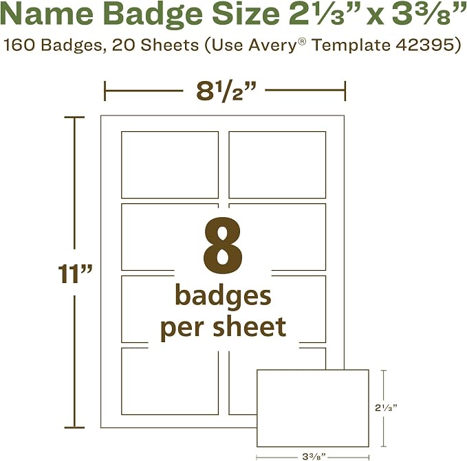 Avery® EcoFriendly Recycled Name Tags, 2-1/3" x 3-3/8", White, Removable Adhesive, 160 Printable Name Badges (42395)
