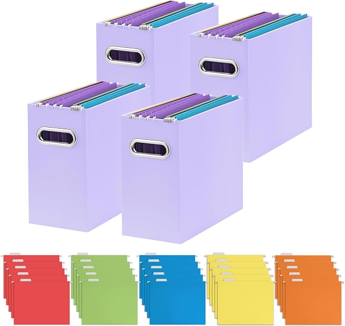 Oterri 4 Pack Purple File Organizer, Small Storage Box and 25 Pack Hanging File Folders
