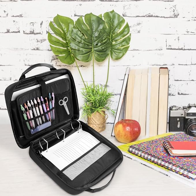 SKYDUE Zipper Binder 3 Inch D-Ring School Binder, Oxford Fabric School Organizer Holds 700+ Sheets, Fits 14" Laptop, Water-Resistant, Handle & Shoulder Strap, 14"x13" – School Supplies, Black