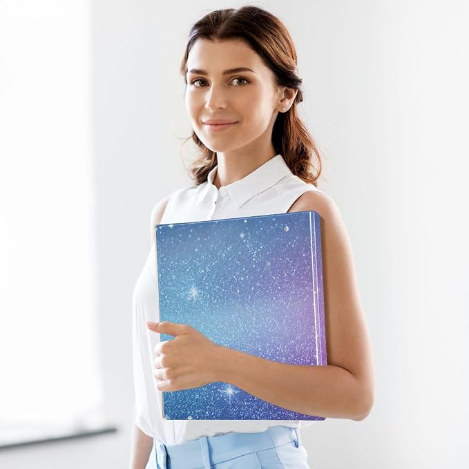 Aslsiy 3 Ring Binder 1.5 Inch Pink Sparkling Particles Round Clipboard Binder Decorative Harcover Binder Organizer for Office Supplies 1 Pack