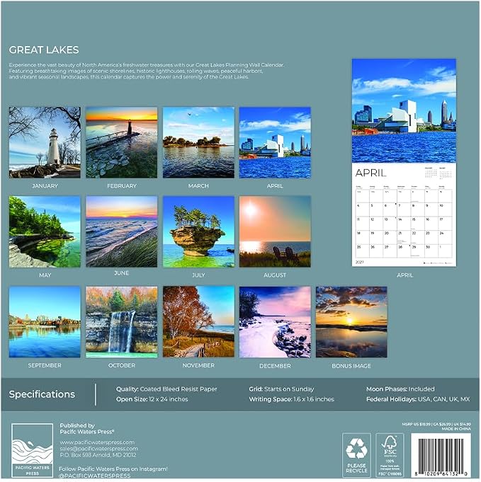 Great Lakes 2027 Wall Calendar, 12 x 24 Hanging Pacific Waters Press