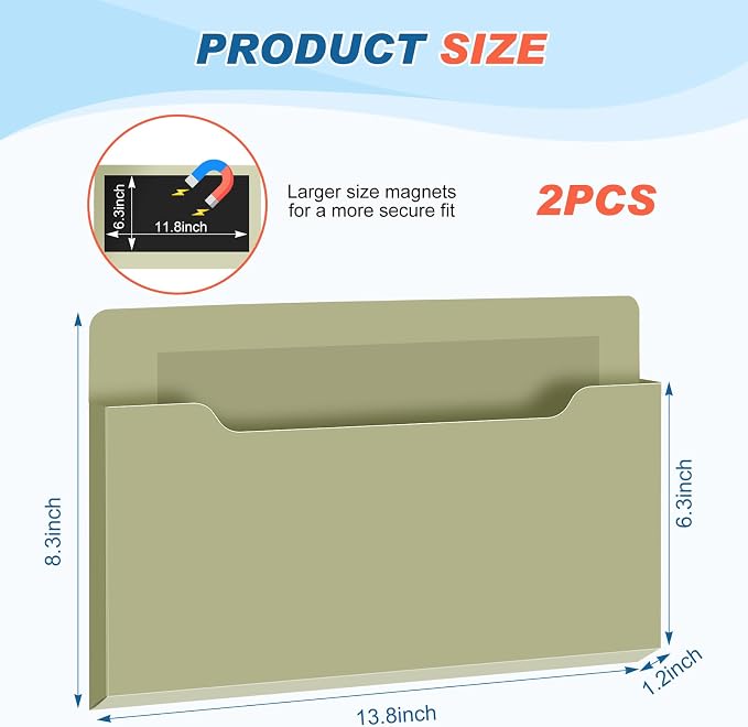 Feifeiya 2 Pcs Magnetic File Folder Wall Hanging Holder Large Pocket Paper Magazine Mail Organizer for Refrigerator Classroom Locker Whiteboard(Horizontal,Sage Green,13.8 x 8.3 Inches)
