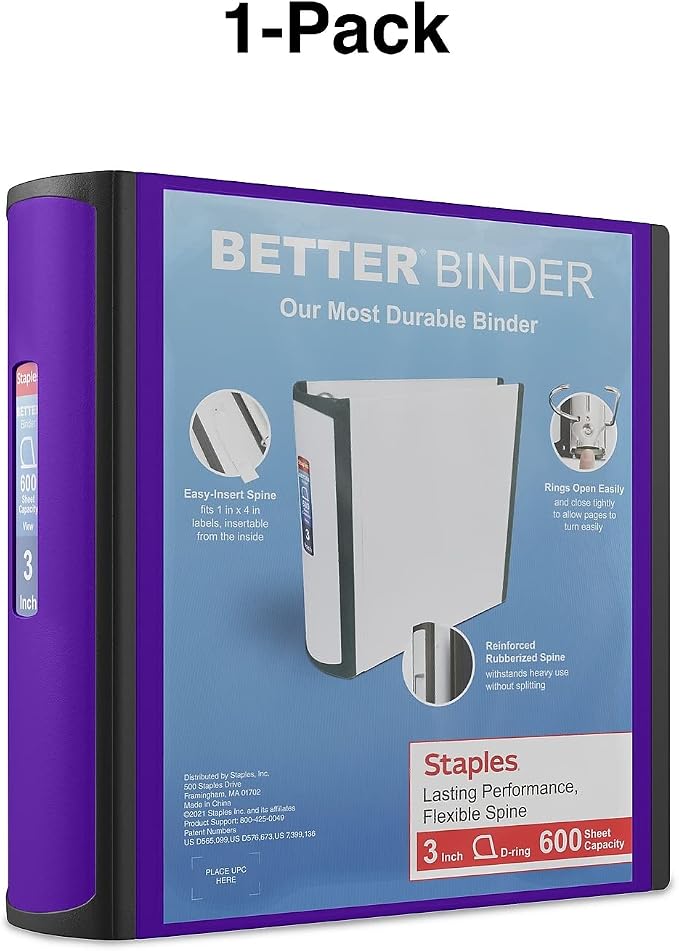 Staples Better 3-Inch D-Ring 3-Ring Binder, Purple, 600 Sheets | Reinforced spine for durable everyday school and office document storage.