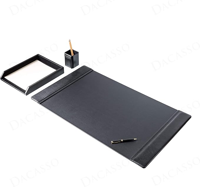 Dacasso Black Bonded Leather Luxury 3 Piece Desk Set - Blotter Pad & Desk Mat Organization Essentials - Executive Decor and Surface Protector