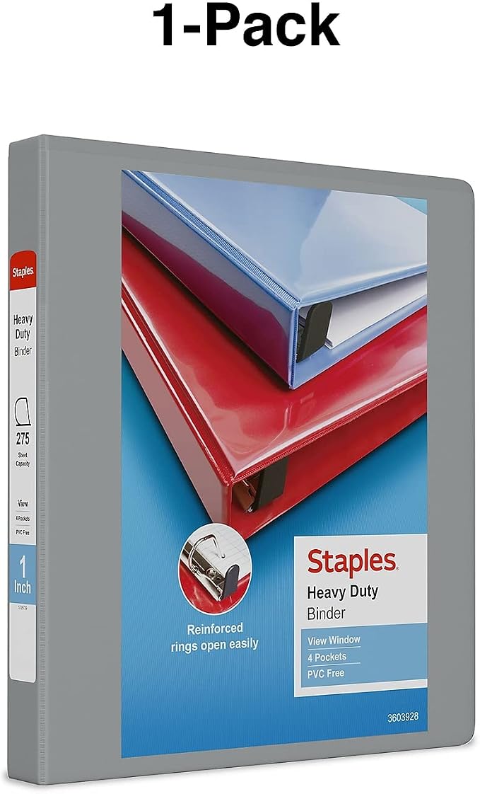 Staples Heavy-Duty 1-Inch D-Ring View Binder, Reinforced Spine, Holds Up to 275 Sheets, Gray, for Office & School