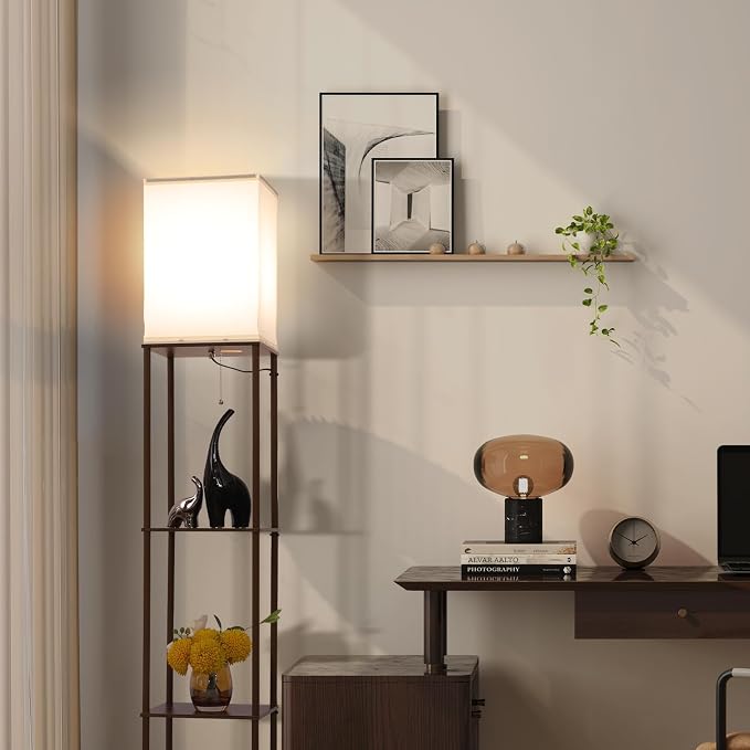 Gupuzm Floor Lamp with Shelves, Modern Square Standing Lamp with 3 Color Temperature Bulb, Corner Display Bookshelf Lamp for Living Room, Bedroom and Office(Brown-2 Pack)