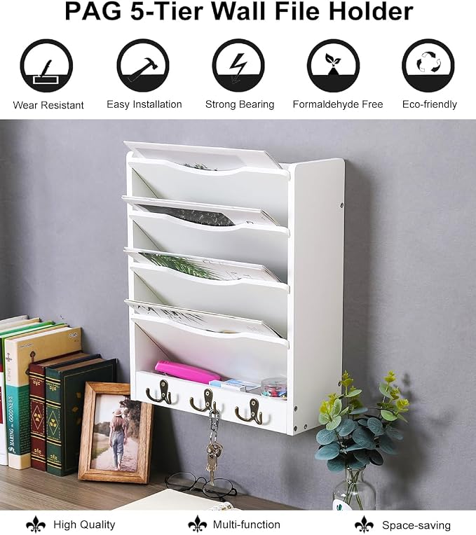 5-Tier Wall File Holder Hanging Mail Organizer Wood Magazine Literature Rack with 6 Hooks, White