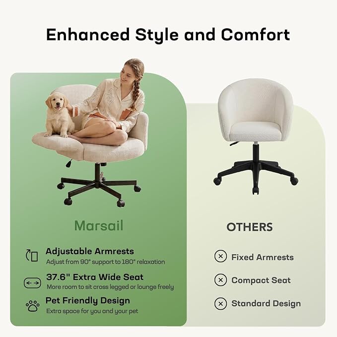 Marsail Criss Cross Office Chair with Adjustable Armrests & Wheels, Vanity Chair with Wide Cushion, Reclining Back, Soft Chenille Fabric, Desk Chair for Home Office, Makeup Room, Bedroom, White