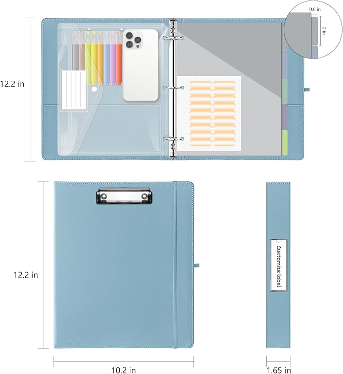 1 Inch 3 Ring Leather Binder Organizer, BVSSX Three Ring Binders with Clipboard, Plastic Folder, 5-Tabs Pocket Dividers with Sticker Labels, Pen Loop, Elastic Strap (Blue, Letter Size)