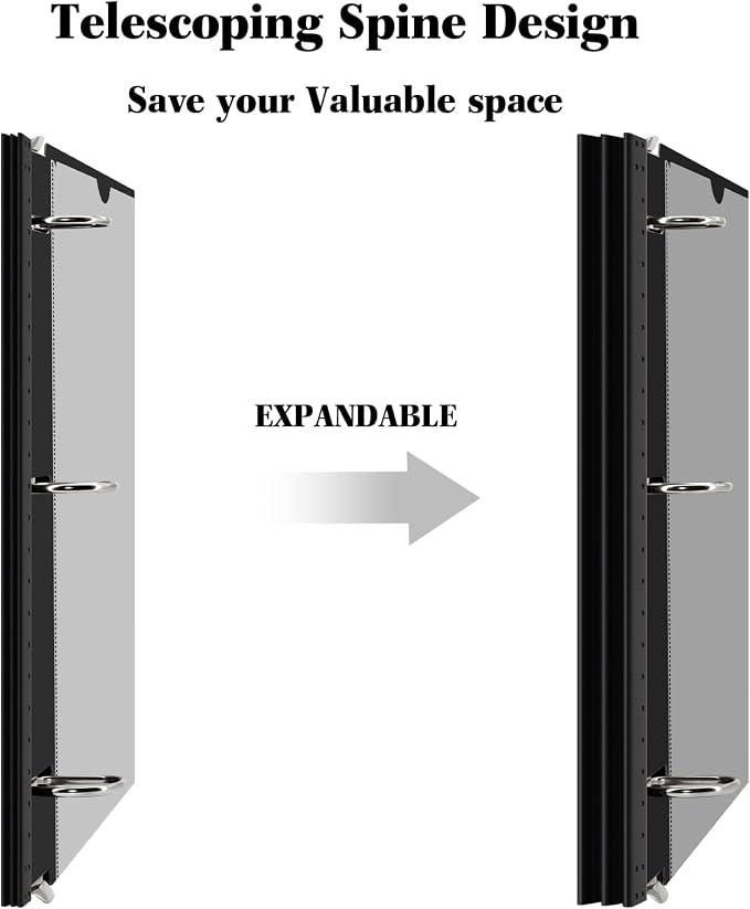 INFUN 1 Inch Telescoping 3 Ring Binder - 6PCS, Flexible Round Binder with Customizable Front Cover and Clear Catalog Pocket, 1Inch Rings, Black–Perfect for School, Office & Home
