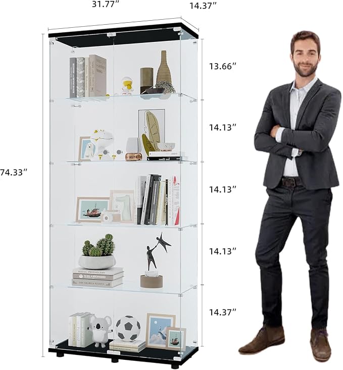 Frameless Glass Display Cabinet, Curio Cabinet with Lock and 2 Doors, Quick-Install Floor Standing Large Showcase Display Shelf for Collectibles, Legos, Figures, Plants