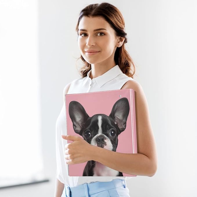 3 Ring Binder 1.5 Inch Boston Terrier Puppies Dog Pink Clipboards Binders with Interior Pockets Round Ring Binder for Office Supplies and School 1 Pack