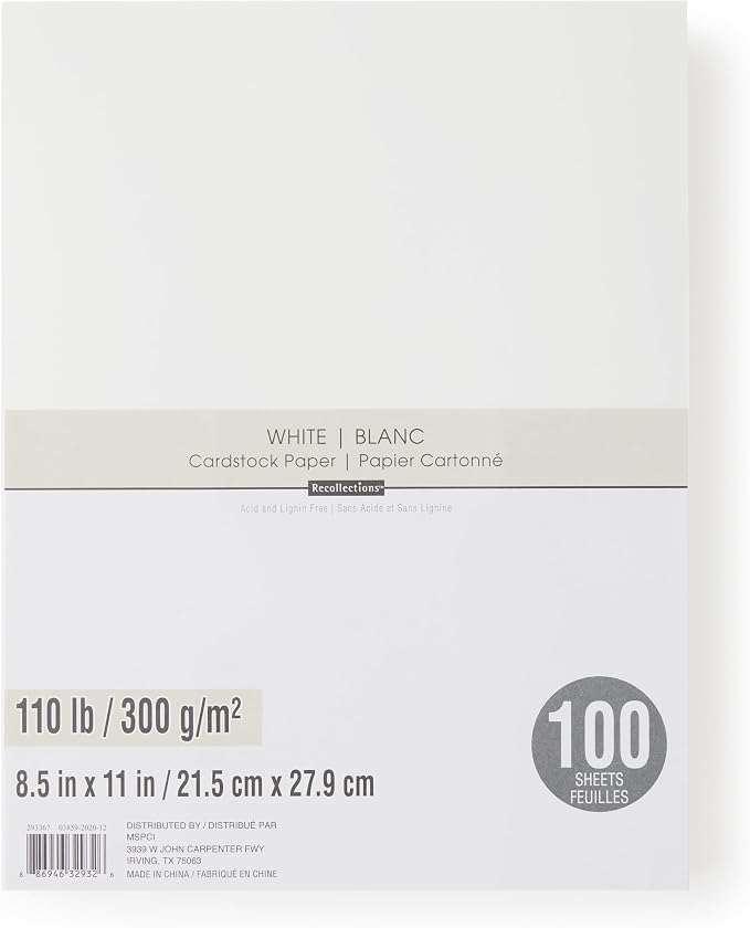 Recollections 100 Sheets White Heavyweight 8.5” x 11” Cardstock Paper - Acid and Lignin Free Paper for Scrapbooks, Arts & Crafts - 1 Pack