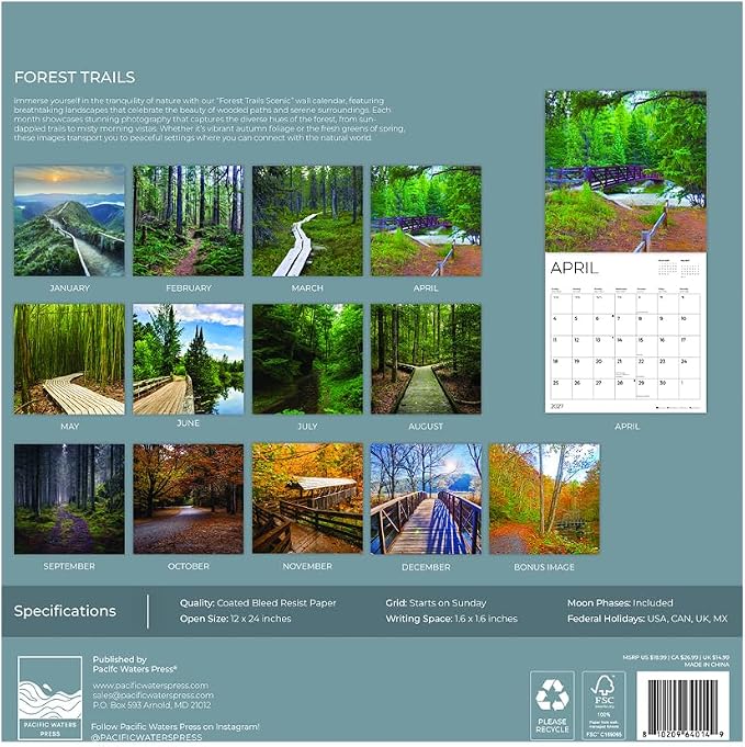 Forest Trails 2027 Wall Calendar, 12 x 24 Hanging Pacific Waters Press