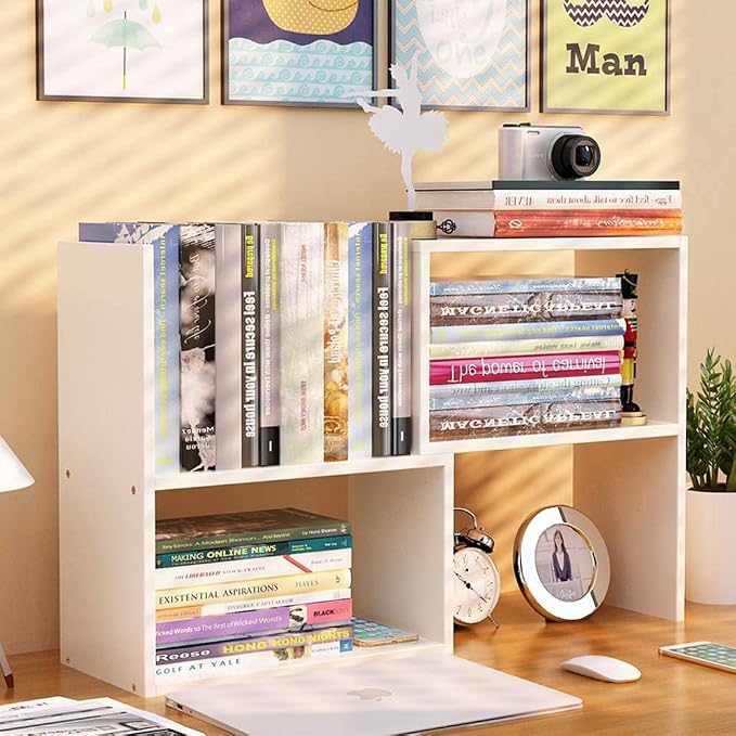 Expandable Desktop Bookshelf & Desk Organizer Shelf - Wooden Table Top Storage Organizer with Shelves, Corner Storage Rack, Small Desk Hutch for Dorm, Office, Home, Study Desk Accessories