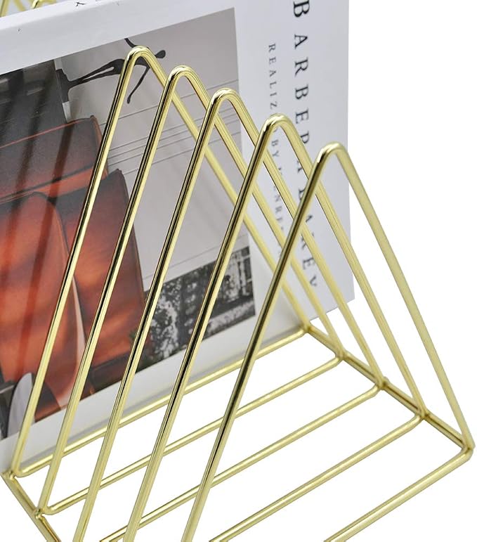 Gold File Holder Organizer, Triangle Record Album Holder Magazine Wire Rack, 9 Slot Multifunction Desktop Storage Decor for Home Office