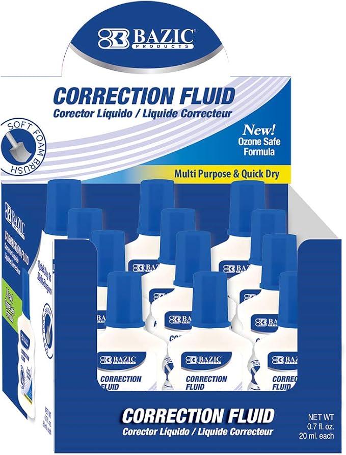 BAZIC Products Correction Fluid w/Foam Brush, Fast-Dry White, 20mL