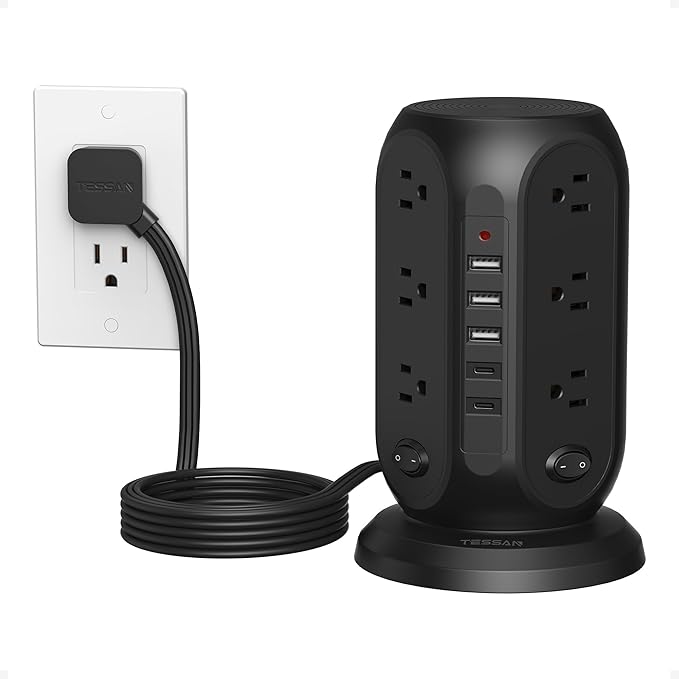 TESSAN Tower Power Strip Surge Protector, Flat Extension Cord 10 Ft,Black | Individual Switches with 12 Outlets, 5 USB Ports(2 USB C), Flat Plug, Charging Station for Multiple Devices, Office, Dorm