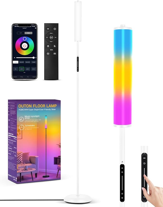 OUTON LED Floor Lamp with Remote & APP Control, 1500LM Ultra Bright Tall Standing Lamp, 16 Million Colors, 32 Scene Modes & Music Sync, Modern Corner Lamps for Living Room, Bedroom, Gaming, White