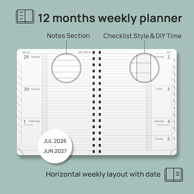 POPRUN Weekly Planner 2026-2027, 6.75" x 8.75" Academic Year Calendar Book