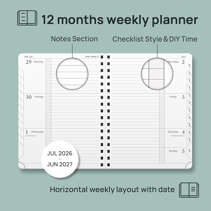 POPRUN Weekly Planner 2026-2027, 6.75" x 8.75" Academic Year Calendar Book