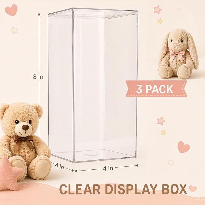 Clear Acrylic Display Box – 8 x 4 x 4 Inch Display Case for Action Figures, Figurines & Collectibles – Transparent Acrylic Organizer for Toy Display, Bathroom & Pantry Storage, 3 Pack