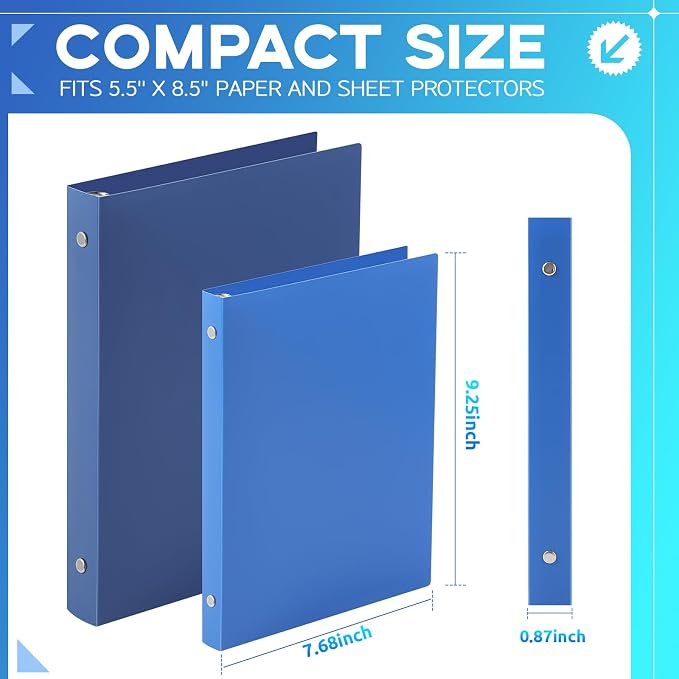 Henoyso 0.5 Inch 6 Pack Mini 3 Ring Binders for 5.5"x8.5" Paper,Blue | Holds 100 Sheets, Plastic Small Binders, Round Three Rings, Flexible PP Covers, School Office, Photo Album Planner Journal