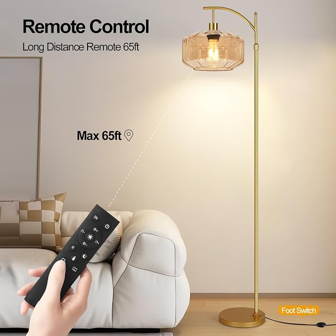 Vintage Floor Lamps for Living Room Glass Floor Lamp with Remote Control,Dimmable Floor Lamp Gold Mid Century Modern Standing Lamp 3 Color Temperature Brass Tall Floor Lamps for Bedroom Corner