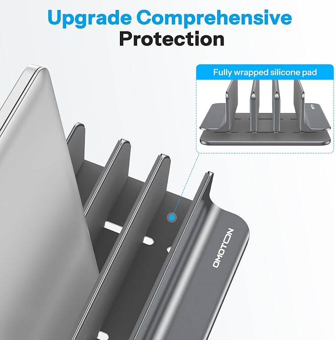 OMOTON 3-Slot Multiple Vertical Laptop Stand, Fits All MacBook, Grey | Adjustable Width 0-1.38", Aluminum Office Space-Saving for Desk, Fits MacBook/Book/iPad Up to 17.3in